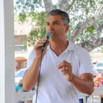Ruben Becerra (candidate for Hays County Judge) speaks at the Kyle/Buda-Area Democrats Ice Cream Social on Aug. 5 at the Kyle City Square Park gazebo. 
Photo by Christopher Paul Cardoza