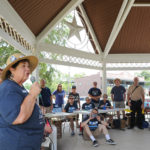 Donna Haschke (Hays County Democratic Party Chair) speaks at the Kyle/Buda-Area Democrats Ice Cream Social on Aug. 5 at the Kyle City Square Park gazebo. 
Photo by Christopher Paul Cardoza
